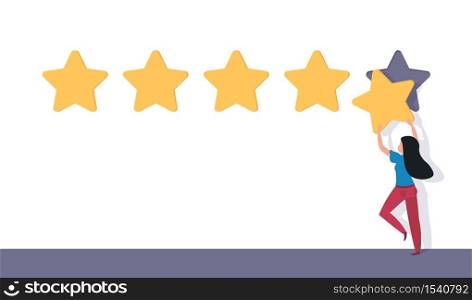 Five star rating. Flat man holding 5 stars. Rating and feedback vector concept. Best rank illustration reputation business ranking. Five star rating. Flat man holding 5 stars. Rating and feedback vector concept. Best rank
