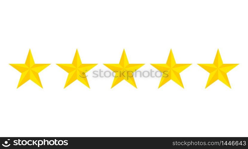 Five star rating icon.Evaluation hotel of 5 gold stars. Flat yellow stars on isolated background. vector illustration. Five star rating icon.Evaluation hotel of 5 gold stars. Flat yellow stars on isolated background. vector