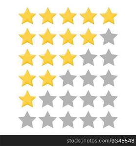 Five star rating of sites on the Internet. 5 star consumer rating for apps and websites. Yellow star icons in a row for customer voting for quality of service. Vector illustration.. Five star rating of sites on the Internet. 