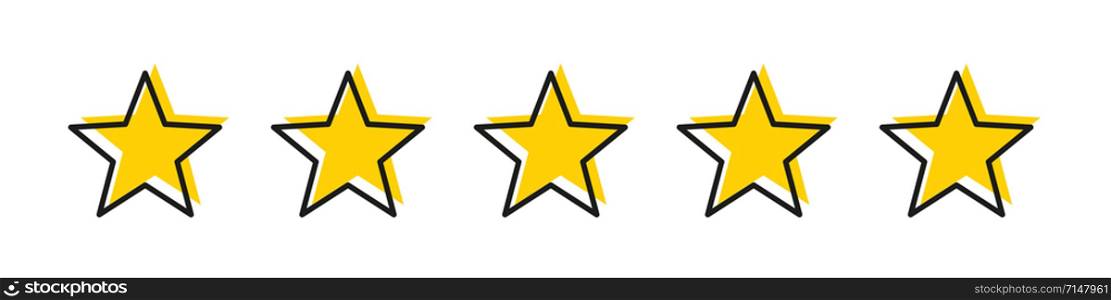 Five star yellow color with stroke isolated vector element. Premium quality. Consumer rating flat icon. Flat design. Customer feedback vector. Customer satisfaction. EPS 10