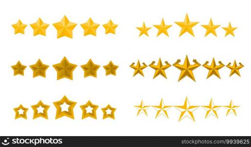 Five stars collection, vector illustration. 5 Gold stars rating set isolated on white background.. Five stars collection, vector illustration