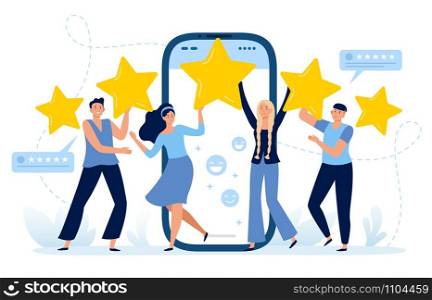 Five stars mobile app feedback. Customers satisfaction, clients leave five star rating and positive feedback. Choice rating review app, customer reviews flat vector illustration. Five stars mobile app feedback. Customers satisfaction, clients leave five star rating and positive feedback flat vector illustration