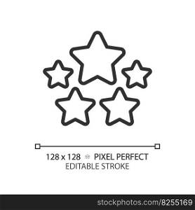 Five stars pixel perfect linear icon. High rating of company products. Customer feedback about service quality. Thin line illustration. Contour symbol. Vector outline drawing. Editable stroke. Five stars pixel perfect linear icon