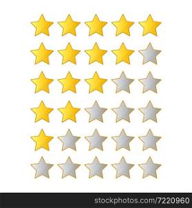 Five stars quality rating icon. Five stars customer product rating review isolated on white background. Feedback emoticon stars. Level of satisfaction rating. Vector stock.