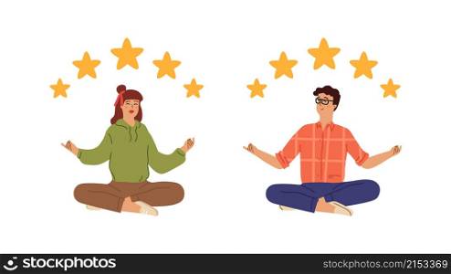 Five stars rating. Golden star flying over happy relaxed people. Customer review vector concept. Illustration stars customer, rate success person management, evaluation report. Five stars rating. Golden star flying over happy relaxed people. Customer review vector concept