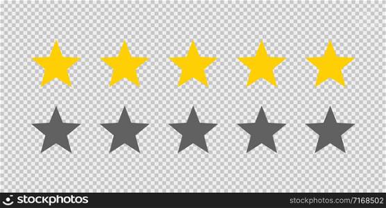 Five stars rating icon on transparent background. Five golden star rating illustration vector. Premium quality customer service. Customer feedback ranking system. Feedback concept. EPS 10