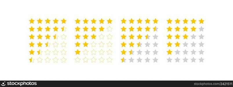Five stars rating icon set. Evaluation of the rating in the application vector desing.