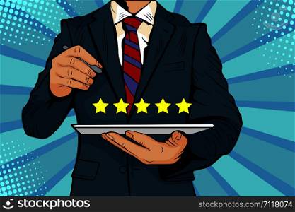 Five stars rating quality review of service. Colorful vector illustration in pop art retro comic style