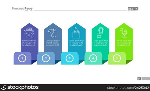 Five step process chart slide template. Element of diagram, strategy, plan. Concept for presentation, slide template, annual report. Can be used for topics like consumerism, online shopping, trade