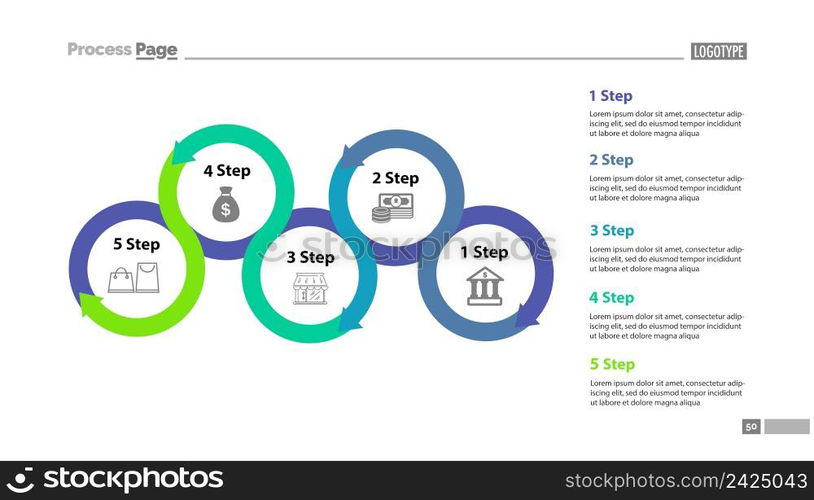 Five step process chart with descriptions. Diagram, strategy, plan. Concept for presentation, templates, annual reports. Can be used for topics like planning, marketing, trade