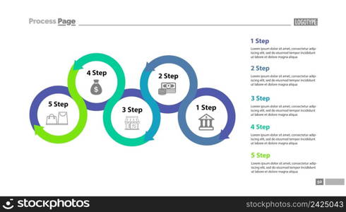 Five step process chart with descriptions. Diagram, strategy, plan. Concept for presentation, templates, annual reports. Can be used for topics like planning, marketing, trade