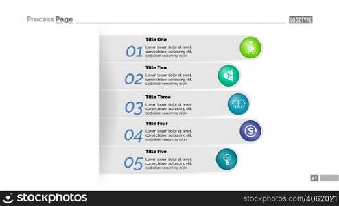 Five steps business approach process chart template. Business data visualization. Workflow, development, technology, management or marketing creative concept for infographic, report, project layout.