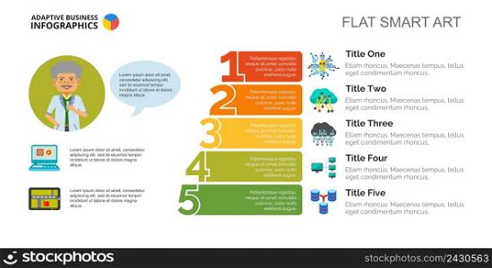 Five steps process chart slide template. Business data. Stage, diagram, design. Creative concept for infographic, project. Can be used for topics like IT, science, technology.