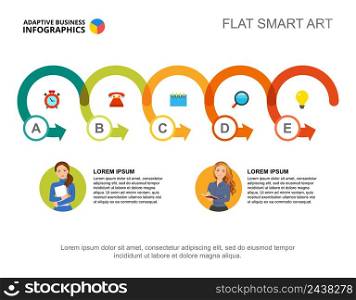 Five steps process chart template for presentation. Business data visualization. Corporate, insurance, management or marketing creative concept for infographic, report, project layout.. Five steps process chart template for presentation