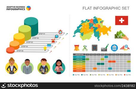 Five steps process chart template for presentation. Vector illustration. Abstract elements of diagram, graph. Schedule, finance, management and business concept for infographic, report.