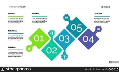Five steps project process chart template for presentation. Vector illustration. Abstract elements of diagram, graph, infochart. Idea, planning, business or research concept for infographic, report.