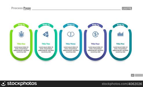Five steps project process chart template for presentation. Vector illustration. Abstract elements of diagram, graph, infochart. Idea, insurance, business or marketing concept for infographic, report.