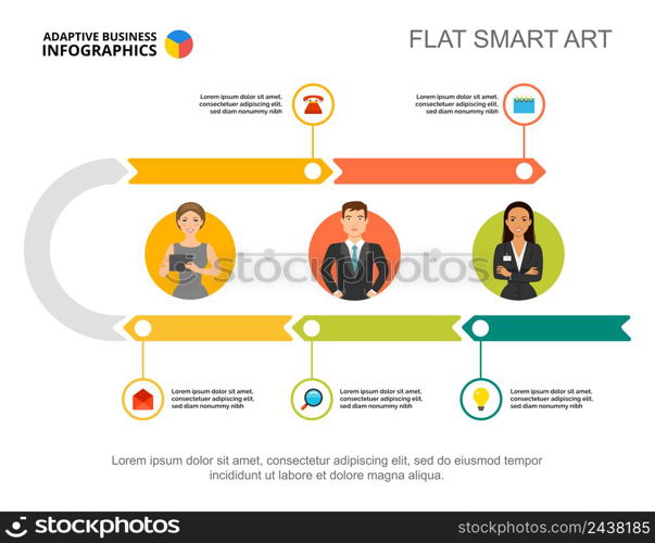 Five steps workflow process chart template for presentation. Vector illustration. Diagram, graph, infochart. Vision, research, planning or marketing concept for infographic, report.