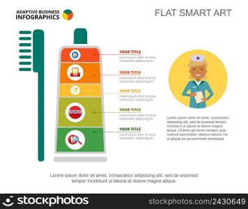 Five stomatology options process chart slide template. Business data. Tube, toothpaste, design. Creative concept for infographic, project. Can be used for topics like dentistry, healthcare, medicine.