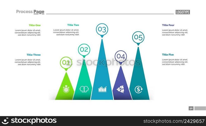 Five triangular bars. Process diagram, step chart, layout. Creative concept for infographics, presentation, project, report. Can be used for topics like business, marketing, research