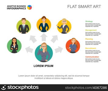 Five workers company process chart template. Business data. Abstract elements of diagram, graphic. Team, leader, finance or teamwork creative concept for infographic, project layout.