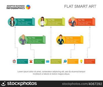 Five workers process chart template for presentation. Vector illustration. Abstract elements of diagram, graph. Workflow, HR, planning, business or teamwork concept for infographic, report.