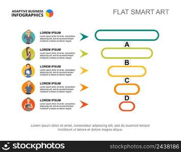 Five workers process chart template for presentation. Vector illustration. Diagram, graph, infochart. Vision, teamwork, planning or marketing concept for infographic, report.