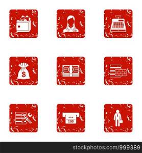 Fix for money icons set. Grunge set of 9 fix for money vector icons for web isolated on white background. Fix for money icons set, grunge style