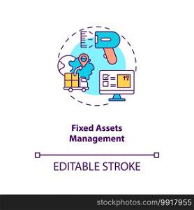 Fixed assets management concept icon. AM type idea thin line illustration. Accounting process. Preventive maintenance and theft deterrence. Vector isolated outline RGB color drawing. Editable stroke. Fixed assets management concept icon