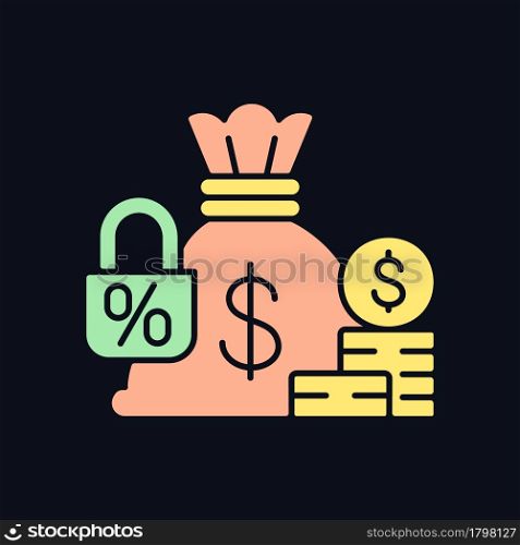 Fixed deposit RGB color icon for dark theme. Low-risk financial instrument. Bag sack and locked percent. Isolated vector illustration on night mode background. Simple filled line drawing on black. Fixed deposit RGB color icon for dark theme