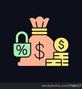 Fixed deposit RGB color icon for dark theme. Low-risk financial instrument. Bag sack and locked percent. Isolated vector illustration on night mode background. Simple filled line drawing on black. Fixed deposit RGB color icon for dark theme