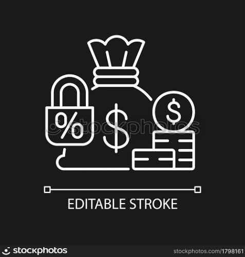 Fixed deposit white linear icon for dark theme. Low-risk financial instrument. Bag sack. Thin line customizable illustration. Isolated vector contour symbol for night mode. Editable stroke. Fixed deposit white linear icon for dark theme