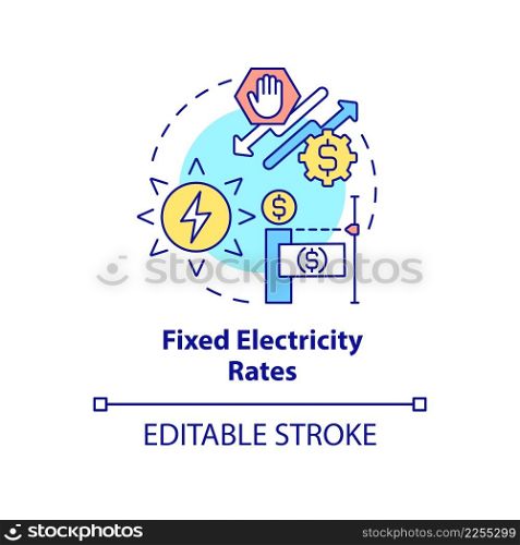 Fixed electricity rates concept icon. Monthly price for electric energy. Pros of PPA abstract idea thin line illustration. Isolated outline drawing. Editable stroke. Arial, Myriad Pro-Bold fonts used. Fixed electricity rates concept icon