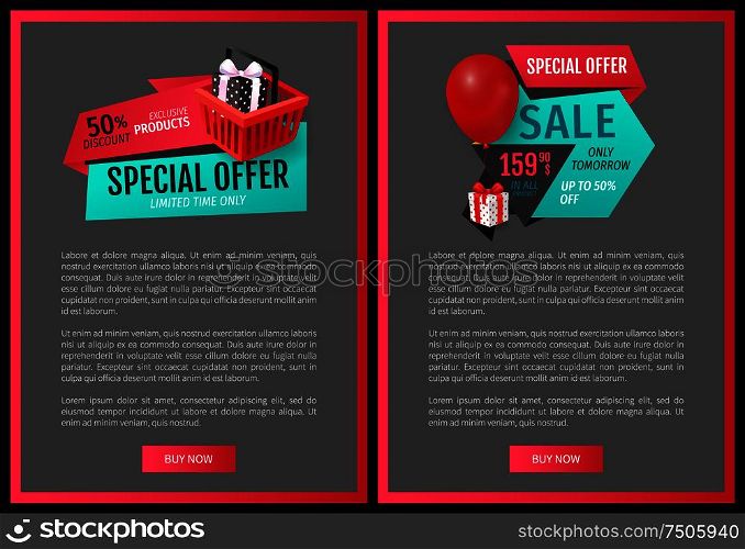 Fixed price 159.90, special offer promo posters with half price discounts. Advertisement labels on web site pages. Vector gift boxes and balloon on tags. Fixed Price 159.90, Special Offer Promo Posters