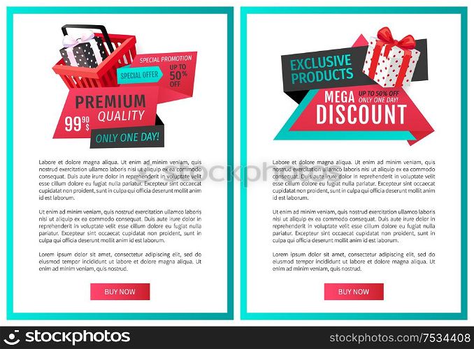 Fixed price only one day offer web page templates vector. Shopping basket with gift box, ribbons and text, promotion of products. Save money on sales. Fixed Price Only One Day Offer Web Page Templates