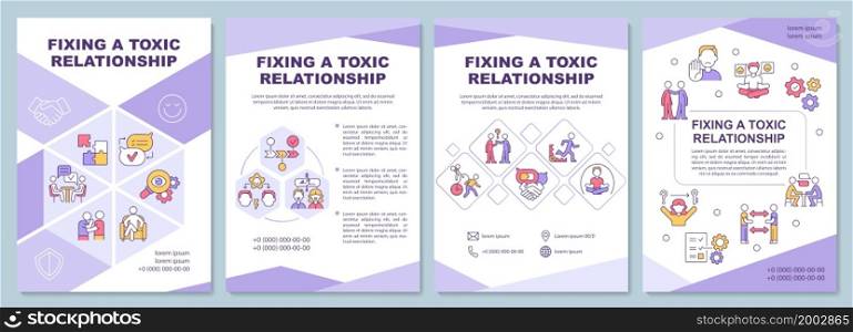 Fixing a toxic relationship brochure template. Couple recovery. Flyer, booklet, leaflet print, cover design with linear icons. Vector layouts for presentation, annual reports, advertisement pages. Fixing a toxic relationship brochure template