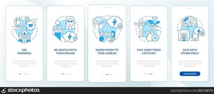 Fixing broken marriage blue onboarding mobile app screen. Walkthrough 5 steps editable graphic instructions with linear concepts. UI, UX, GUI template. Myriad Pro-Bold, Regular fonts used. Fixing broken marriage blue onboarding mobile app screen