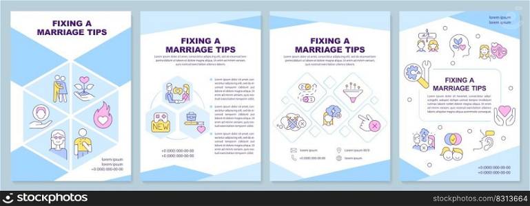 Fixing marriage tips blue brochure template. Renew old love. Leaflet design with linear icons. Editable 4 vector layouts for presentation, annual reports. Arial-Black, Myriad Pro-Regular fonts used. Fixing marriage tips blue brochure template
