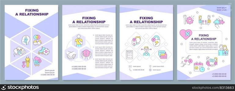 Fixing relationship brochure template. Be open about feelings. Leaflet design with linear icons. Editable 4 vector layouts for presentation, annual reports. Arial-Black, Myriad Pro-Regular fonts used. Fixing relationship brochure template