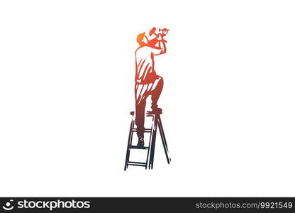 Fixture, installation, repair, worker, construction concept. Hand drawn repairman fixing construction concept sketch. Isolated vector illustration.. Fixture, installation, repair, worker, construction concept. Hand drawn isolated vector.