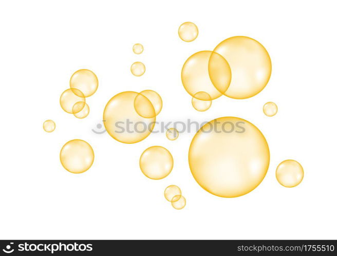 Fizz. Fizzing air golden bubbles on white background. Vector texture.