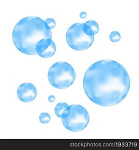 Fizz. Underwater fizzing air, water or oxygen blue bubbles on white background. Fizzy sparkles in sea, aquarium. Soda pop. Undersea vector texture.