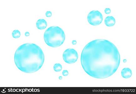 Fizz. Underwater fizzing air, water or oxygen blue bubbles on white background. Fizzy sparkles in sea, aquarium. Soda pop. Undersea vector texture.