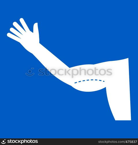 Flabby arm cosmetic correction icon white isolated on blue background vector illustration. Flabby arm cosmetic correction icon white