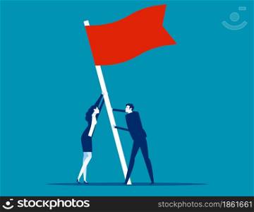 Flag as a symbol of success and heights. People raise a flag together