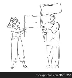 Flag Holding Boy And Girl Couple On Protest Black Line Pencil Drawing Vector. Young Man And Woman Hold Waving Flag Together On Meeting. Characters People Manifestation Or Demonstration Illustration. Flag Holding Boy And Girl Couple On Protest Vector