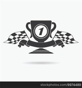 Flag icon. Checkered or racing flags first place prize cup and finish ribbon. Sport auto, speed and success, competition and winner, race rally, vector illustration.. Flag icon. Checkered or racing flags first place prize cup and finish ribbon. Sport auto, speed and success, competition and winner, race rally, vector illustration