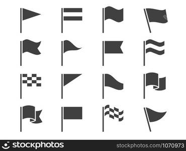 Flag icons. Black waving pennant symbols, outline silhouette flags, banners. Gps location map pins, start and finish signs vector marker end sport car game set. Flag icons. Black waving pennant symbols, outline silhouette flags, banners. Gps location map pins, start and finish signs vector set