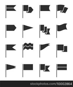 Flag icons. Pennant with flagpole, black silhouette destination banners. Gps location pin map markers, start and finish signs vector set. Flag pole for gps, marker start silhouette illustration. Flag icons. Pennant with flagpole, black silhouette destination banners. Gps location pin map markers, start and finish signs vector set