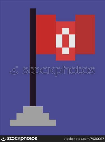 Flag in game vector, 8bit graphics isolated icon in flat style, 80s style of object, cloth fabric material on wooden pole standing on pedestal pixel art. Flag on Pole, Pedestal with Cloth on Wooden Stick